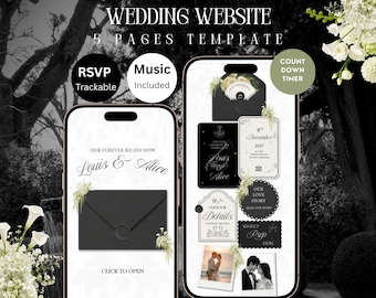 Black, Ivory & Green Floral Wedding Website Template: Editable Canva Design with RSVP, Countdown, Timeline and Music — Digital Download