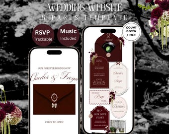 Burgundy Floral Wedding Website Template: Editable Canva Design with RSVP, Countdown, Timeline,  Music & Video Gallery  — Digital Download