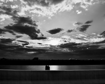 Black and White Bridge Photography, Dramatic Sky Landscape Print, Minimalist Wall Art