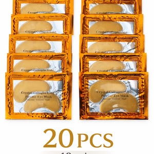 May include: Ten pairs of Crystal Collagen Gold Powder Eye Masks are displayed in gold foil packaging. Each pack has a clear window revealing the eye mask. The text "20 PCS 10 pairs" is printed in gold at the bottom of the image.