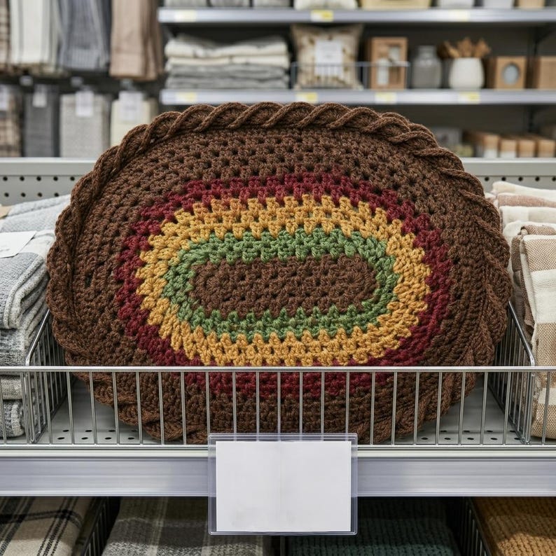 Op de afbeelding: Een bruin, ovaal gehaakt vloerkleed met een gevlochten rand. Het kleed heeft concentrische ovale patronen in bruin, rood, geel en groen. Het wordt tentoongesteld op een metalen plank.