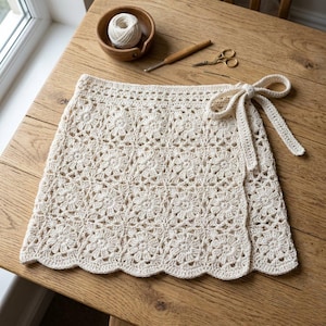 May include: Cream-colored crochet wrap skirt with a floral pattern and scalloped hem. The skirt has a tie closure and is displayed on a wooden table. Crochet hook, scissors, and yarn are also visible.