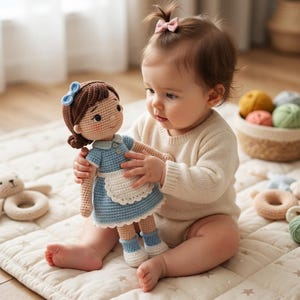 Op de afbeelding: Een gehaakte pop met bruin haar en een blauwe strik, gekleed in een blauwe jurk met een witte schort. De pop wordt vastgehouden door een baby in een crèmekleurige onesie. De pop heeft blauwe ogen en is ongeveer 25 cm groot.