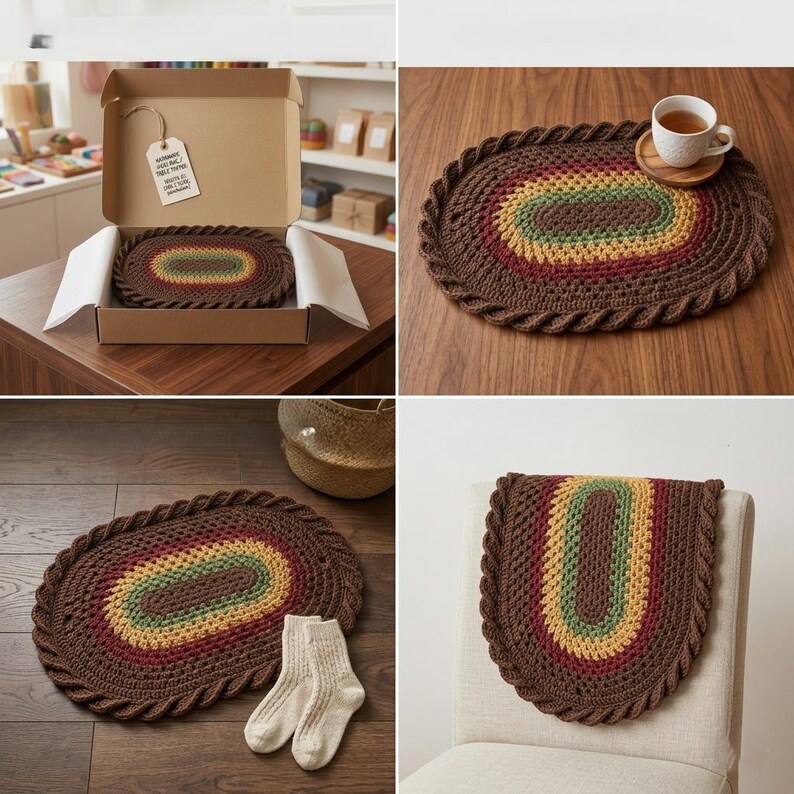 Op de afbeelding: Ovaal, handgehaakt kleed in bruin, rood, geel en groen. Het kleed heeft een gevlochten rand en wordt getoond in een doos, op een houten oppervlak en op een stoel. Een paar cr&egrave;mekleurige sokken ligt naast het kleed. Afmetingen ca. 60 cm x 40 cm.