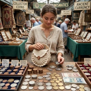 May include: A woman examines coins at a market stall. The stall displays various coins, including Roman, Medieval, and Ancient currency. A beige crocheted purse with a wooden button is in the foreground. Signs read "Collector Coins" and "Ancient Currency."