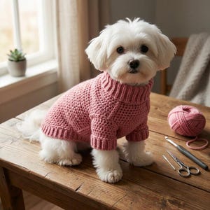 May include: A small white dog wearing a pink, hand-knitted sweater with a turtleneck collar. The dog is sitting on a wooden table, with a ball of pink yarn, crochet hook, and scissors nearby. The sweater is a solid colour.