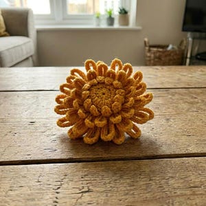 Mönstervirkning med puffiga öglor och krysantemumblommor, virkad med handgjorda applikationer och mammablommor, presentidéer