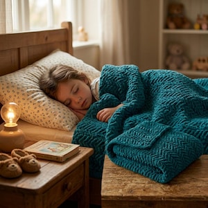 Può includere: Una persona giovane dorme serenamente sotto una coperta turchese e strutturata su un letto di legno. Un comodino contiene una lampada, un libro e pantofole a forma di orso. La stanza è illuminata in modo soffuso, creando un'atmosfera accogliente.