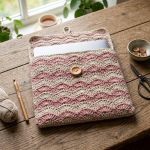 Puede incluir: Funda para portátil tejida a ganchillo con un patrón de ondas en rayas rosas y beige. Se asegura con un botón de madera. Se ven un ganchillo y ovillo de lana, lo que sugiere un proyecto artesanal.