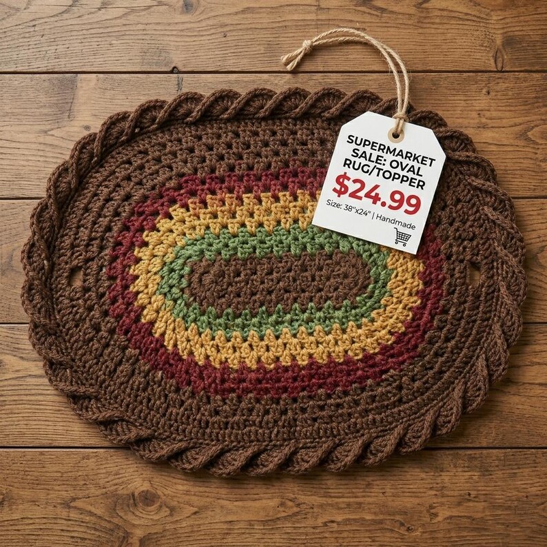 Op de afbeelding: Een handgemaakt ovaal tapijt of topper met een bruine geschulpte rand. Het midden heeft concentrische ringen van bruin, rood, geel en groen. Het label luidt "SUPERMARKT SALE: OVAL RUG/TOPPER". Het tapijt meet 96,5 cm x 61 cm.