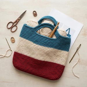 Crochet Color Block Tote Pattern, Crochet Utility Tote Bag Pattern, Crochet Everyday Tote Bag Pattern, Simple Crochet Color Block Cotton Bag
