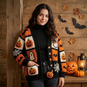 Könnte beinhalten: Eine schwarz-orange-weiße Häkelstrickjacke mit quadratischen Motiven, die Kürbisse, Geister, Spinnennetze und Fledermäuse zeigen. Das Kleidungsstück hat eine durchgehende Knopfleiste, lange Ärmel und einen kleinen kürbisförmigen Anhänger an der Tasche.