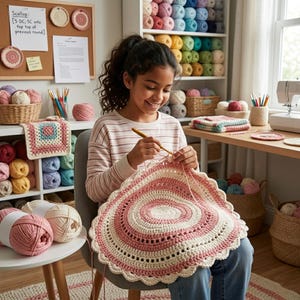 May include: A young person crocheting a large, round, pink and white blanket. The blanket has a scalloped edge and a spiral design. The room is filled with yarn in various colors, crochet hooks, and other craft supplies. A corkboard with crochet samples is visible.
