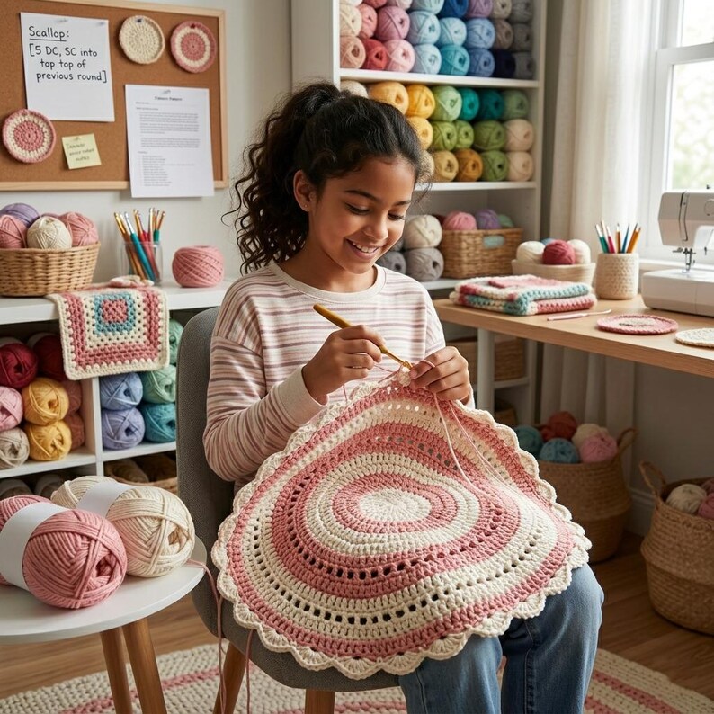 May include: A young person crocheting a large, round, pink and white blanket. The blanket has a scalloped edge and a spiral design. The room is filled with yarn in various colors, crochet hooks, and other craft supplies. A corkboard with crochet samples is visible.