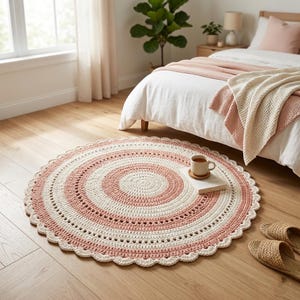 May include: A round, crocheted rug with a scalloped edge. The rug features concentric circles of cream and light pink. A cup of tea sits on a small book on the rug, near a bed with pink accents.