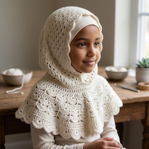 May include: A cream-colored crochet hood and capelet set. The hood features a scalloped edge and covers the head and neck. The capelet has a decorative, openwork pattern. The set is made of a soft, textured yarn, suitable for children's wear.