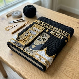 May include: A black crocheted book cover with gold and white accents, featuring Arabic calligraphy and geometric designs. The cover is placed on a wooden table, with a ball of black yarn and crochet tools nearby.