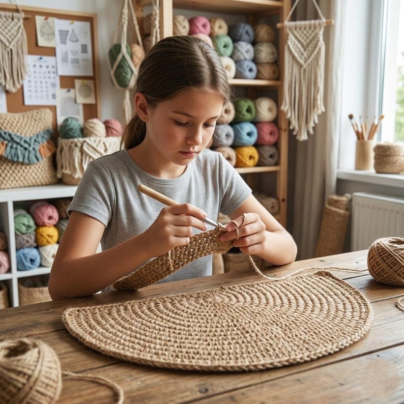 May include: A young person crocheting a half-circle rug from natural-colored jute yarn. The person is using a wooden crochet hook. The background includes shelves filled with yarn balls in various colors, and macrame wall hangings, suggesting a craft or DIY theme.