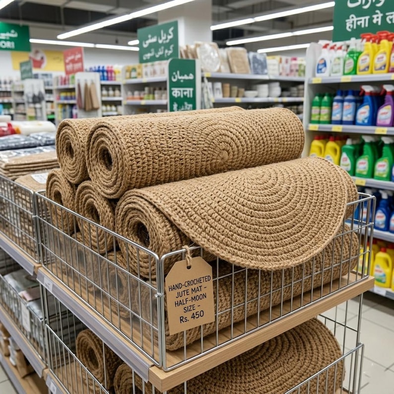 May include: A display of rolled-up, hand-crocheted jute half-moon mats in a store. The mats are a natural tan color and are stacked on wire shelves. A price tag is visible. The store shelves are stocked with various household items.