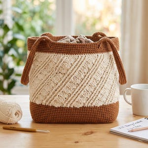 Könnte beinhalten: Handgefertigte Häkeltasche in Creme und Braun. Die Tasche hat ein strukturiertes Stichmuster mit braunen Akzenten an Boden, Oberseite und Henkeln. Ein Knäuel Garn, ein Häkelhaken und ein Notizbuch liegen auf der Holzoberfläche.