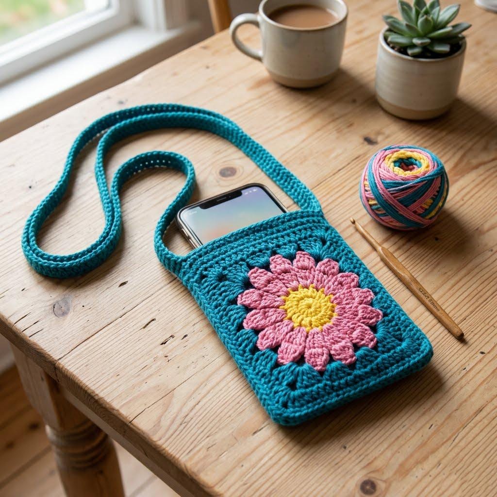 Crochet Flower Granny Square Phone Bag