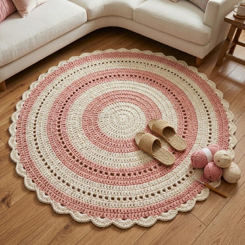 May include: A round, handmade crochet rug in shades of pink and cream, with a scalloped edge. The rug is on a hardwood floor, with a pair of woven sandals and several balls of yarn nearby. The rug's diameter is approximately 48 inches.