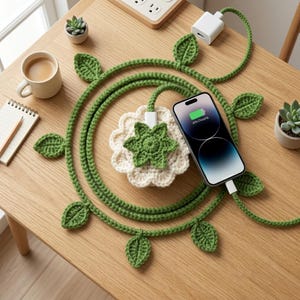 May include: A green crochet charging cable with leaf accents, connected to a white charger and a smartphone. The cable is arranged in a circular pattern on a wooden table, with a white and green crochet flower in the center.