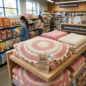 May include: Handmade home decor display featuring pink and cream crochet rugs. The rugs are approximately 32 inches in diameter. A sale tag is visible. Other folded blankets are also on display.