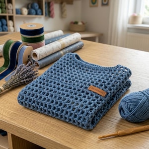 May include: A folded, blue crocheted garment with a "handmade" tag. The open weave design is visible. A ball of blue yarn and a crochet hook are nearby. Rolls of ribbon and decorative paper are in the background.