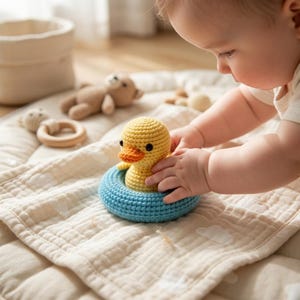 May include: A yellow crochet duck toy with an orange beak and black eyes sits in a blue crochet ring. The toy is on a quilted blanket with other baby toys in the background.