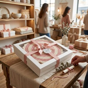 May include: A white gift box with a clear window, tied with a pink ribbon, contains a handmade crochet doily. The doily features concentric circles of cream and pink. A tag reads "Handmade with Love."