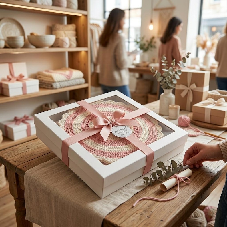 May include: A white gift box with a clear window, tied with a pink ribbon, contains a handmade crochet doily. The doily features concentric circles of cream and pink. A tag reads "Handmade with Love."