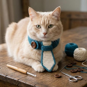 Op de afbeelding: Een lichtoranje kat draagt een handgemaakte gehaakte stropdas-halsband in blauw en crème. De kraag is vastgemaakt met een houten knoop. Haaknaald, garen, knopen en schaar liggen op het houten oppervlak.