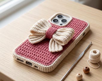 May include: A pink crochet phone case with a large, cream-colored bow. The bow is centered on the case and has a pink center. A crochet hook, a ball of yarn, and two wooden beads are next to the phone case. The case is on a wooden surface.