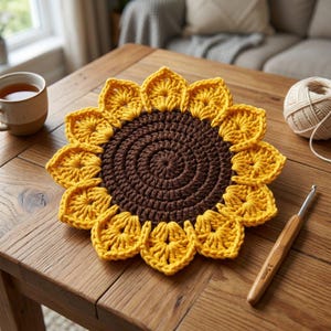 May include: A handmade crochet sunflower coaster with a brown center and yellow petals. A cup of tea, a ball of yarn, and a crochet hook are on the wooden table. The hook is 3.5mm.