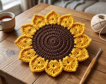 Haakpatroon voor een onderzetter met zonnebloemmotief, bloemenpatroon voor een mok (voor beginners), boho woondecoratie