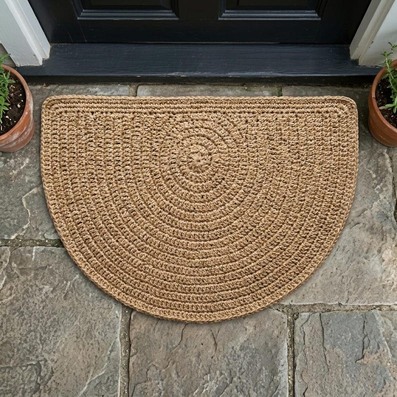 May include: A half-circle doormat made of woven natural fibers. The mat is a light brown color and has a circular pattern in the center. The doormat is placed in front of a black door.