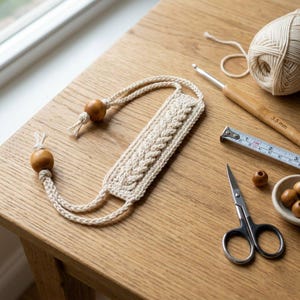 May include: A cream-colored, braided crochet bookmark with wooden beads at each end. A ball of yarn, crochet hook, measuring tape, scissors, and small wooden beads are arranged on a wooden surface.