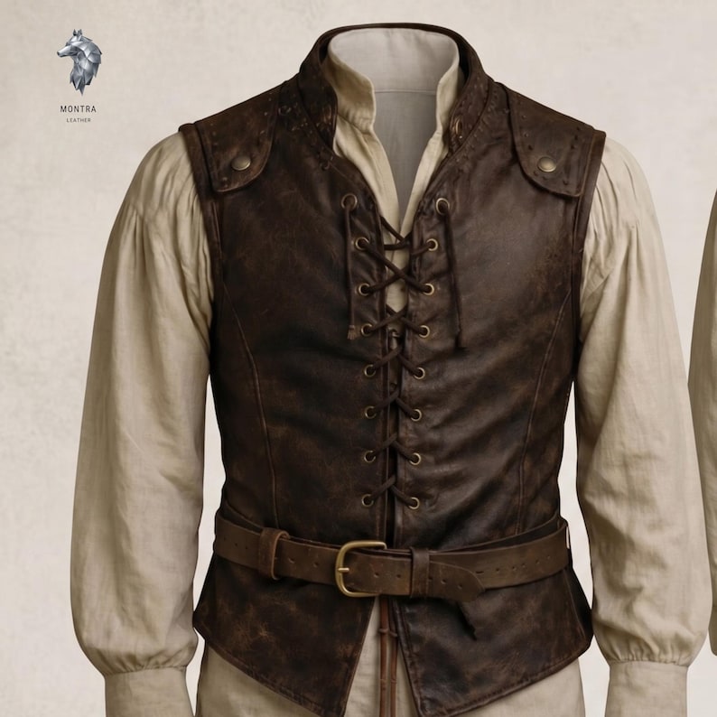 May include: A dark brown leather vest featuring a front lace-up closure with metal eyelets, a stand-up collar, and a matching leather belt with a brass-toned buckle. The vest is worn over a long-sleeved beige shirt. The logo Montra Leather is visible.