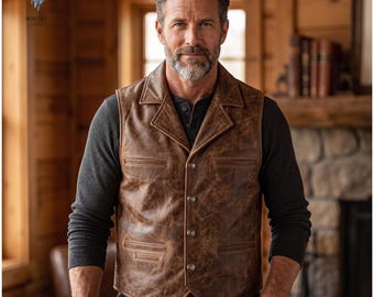 Handmade Distressed Brown Leather Vest for Men | Genuine Leather Waistcoat | Vintage Cowboy Western Vest | Rustic Biker Leather Waistcoat