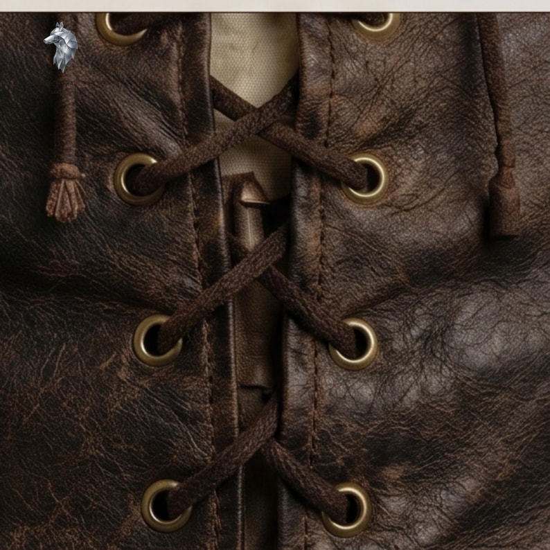 May include: A dark brown textured garment featuring a central lace-up closure with thick brown cord threaded through circular brass-toned metal grommets. A light beige fabric panel is visible beneath the crisscrossed lacing system.