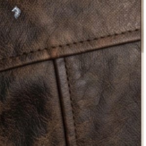 May include: A dark brown leather material with a distressed, textured surface and visible stitching along the seams. A small silver-colored wolf head logo is positioned in the upper left corner above the text that reads Wolfmark.