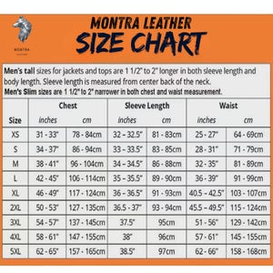 May include: A Montra Leather size chart with an orange background and a wolf logo. The table lists sizes from XS to 5XL with measurements in inches and centimeters for chest, sleeve length, and waist. It includes notes on tall and slim fit sizing.