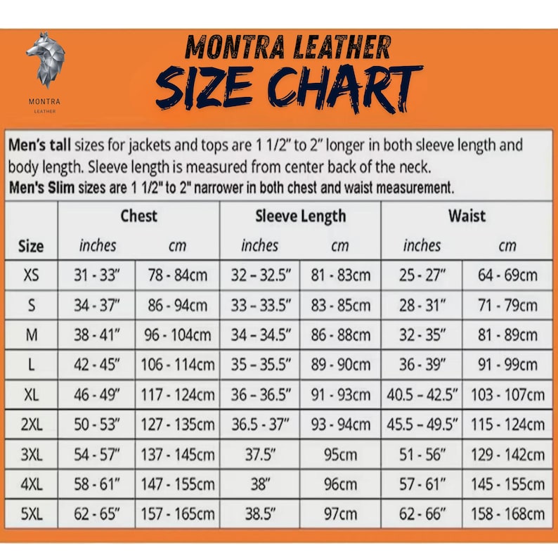 May include: A Montra Leather size chart with an orange background and a wolf logo. The table lists sizes from XS to 5XL with measurements in inches and centimeters for chest, sleeve length, and waist. It includes notes on tall and slim fit sizing.