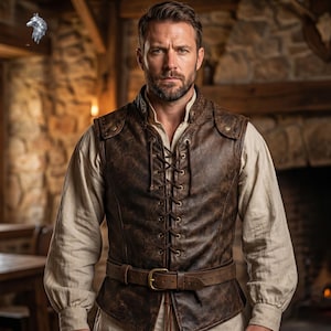 May include: A brown leather vest featuring a front lace-up closure with metal eyelets, a stand-up collar, and a matching leather belt with a brass-toned buckle, worn over a long-sleeved beige shirt with buttoned cuffs and a high neckline.