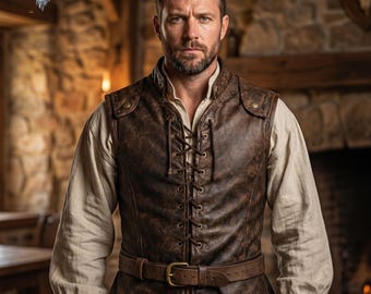 May include: A brown leather waistcoat featuring a front lace-up closure with metal eyelets, a stand-up collar, and a matching leather belt with a brass-toned buckle, worn over a long-sleeved beige shirt with buttoned cuffs and a high neckline.