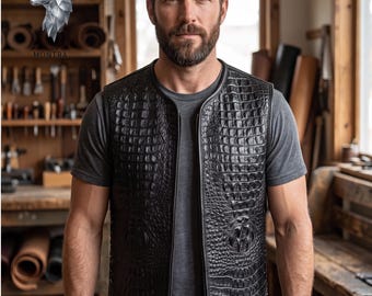 Men's Black Alligator Embossed Leather Vest - Premium Genuine Leather Biker Waistcoat - Statement Outerwear