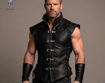Black Leather Renaissance Vest – Artisan Handmade – Adjustable Fit – Gift for Him & Her