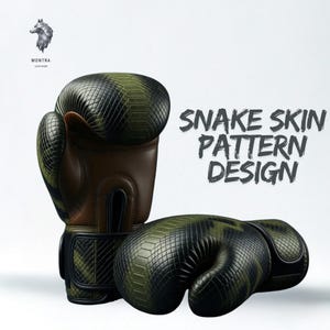May include: A pair of boxing gloves with a snake skin pattern design. The gloves are primarily olive green and black with brown leather accents. The text "SNAKE SKIN PATTERN DESIGN" is displayed in the image.