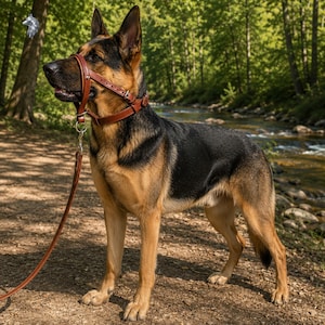 May include: A German Shepherd dog wearing a brown leather head halter and matching leash. The head halter features adjustable straps with metal buckles and a metal ring attachment point for the leash, providing a secure fit around the snout.